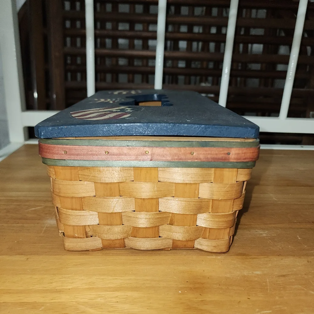 Tissue box Basket holder red, white & blue motif on top. Great shape as shown.